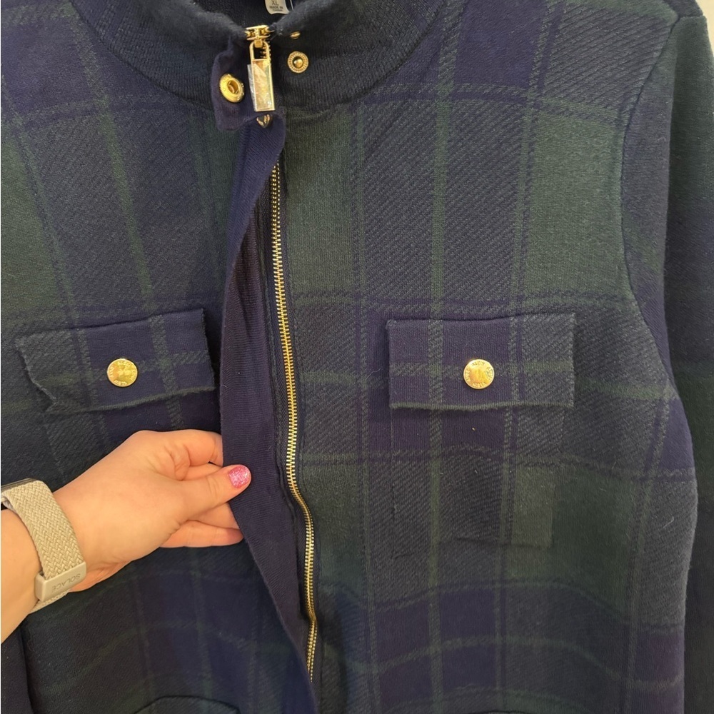 Anne Klein Navy and Dark Green Plaid Coatigan with Gold Buttons - Picture 2 of 5